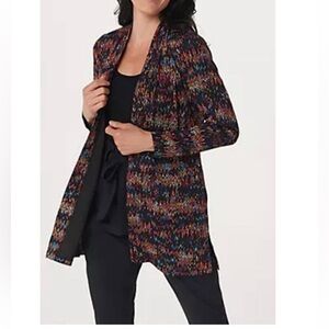 Susan Graver L Regular Printed Open Front Cardigan Black Red Novelty Knit